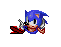 Blue anthropomorphic hedgehog with white muzzle and red shoes holds silver scissors in front of gray background.