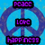 Pixelated icon with blue background, purple peace symbol outline, and three black text boxes containing 'PEACE', 'LOVE', and 'HAPPINESS' in purple pixel font.