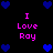 Pixelated icon with pink text "I Love Roy" and blue heart symbols on black background.