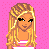 Pixel art buddy icon featuring a blonde girl in striped top and denim skirt with "daddys girl" text on pink background.