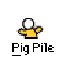 Animated contact sheet of 9 frames showing a yellow stick figure with white head performing various poses over gray background, labeled "Pig Pile" under each frame.