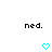 Two identical pixelated text strings 'ned.' above two cyan heart icons on white background.