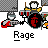 Animated contact sheet of 8 frames showing a pixel art band performing with drum kit, guitar, and keyboard against gray background, each frame labeled "Rage" below.