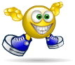 Animated contact sheet showing six sequential frames of a yellow cartoon smiley character with green eyes and blue sneakers performing various poses on white platforms against a gray background.