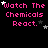 Pixelated text 'Watch The Chemicals React.' in pink with white and gray stars on black background, animated star positions across frames.