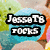 A pixelated blue circular icon with a smiling face, pink cheeks, and dark blue eyes, surrounded by green and orange shapes, with text reading "JesseT8 rocks" in the top-left corner.