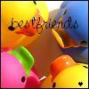 Colorful cartoon characters with a pink figure wearing green hair, a yellow figure with an orange beak, and a blue figure holding a golden object, with 'best friends' text overlaid.
