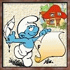 Blue Smurf character holding feather quill and scroll with text variations, standing before red-roofed house on textured beige background.
