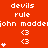 Red background with repeated white text and symbols; three of 'devils rule' above 'john madde', each containing two '<3' icons, one star icon, and one heart icon