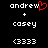 Pixelated text displays 'andrew' with a red heart symbol, '+' sign, 'casey', and '<3333' on black background; left side shows animated heart while right remains static.