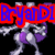 Pixelated character with white and purple body, multiple arms, and long tail on black background; text overlays in blue letters with red outlines.