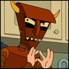 Animated sequence of a brown cartoon robot with yellow horns and a flat top, showing hand gestures in a kitchen setting.