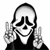 Black-and-white cartoon skull with closed eyes and a wide grin, making peace signs with both hands in a of six