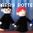 Pixelated puppet figures with black clothing and red hair hold hands against a blue curtain backdrop, displaying text above them.