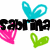 Pixelated icon with repeated 'SABRINA' text, four heart shapes in cyan, pink, and green above and below the text.
