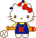 Pixelated Hello Kitty avatar with red bow, blue overalls with red K, yellow shirt, orange bat, and baseball on gray background.