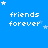 Blue background with white pixelated text 'friends forever' repeated in a , each instance accompanied by small white stars in various positions