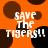 Orange background with brown and black circular spots; white text reads "SAVE The TIGERS!!" in four identical quadrants.