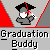 Pixelated character in gray graduation gown and cap with red tassel, holding white diploma against gray background with red triangular shapes.