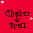 Red background with repeated 'Chekes & Brett' text and scattered white and pink stars in a