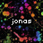 Pixelated image with colorful abstract background and white text reading 'jonas', 'brother', and 'love' in different positions.
