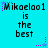 Cyan background with repeated text 'Mikaela01 is the best' in black pixelated font, surrounded by purple and blue star-like pixel clusters.