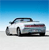 Pixelated image of a white sedan with dark roof and red accents against a blue sky gradient background.