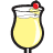 Pixelated icon of a yellow drink in a glass with black outline, garnished by red cherry and light brown slice on rim.
