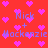 Red background with pink heart shapes and repeated blue text reading "Nick + Mackenzie" in a pixelated style.
