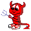 Red devil character with horns, tail, and pitchfork in two poses against gray background.