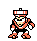 Pixelated character in orange and white outfit with striped hat, shown in multiple poses against gray background.