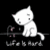 Pixelated white cat sitting on a dark surface with text "life is hard" in pixel art style, displayed as an animated contact sheet frame.