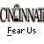 A static contact sheet of two identical animated frames showing a pixelated 'CINCINNATI' logo with 'Fear Us' text below it, alongside promotional text for 'badassbuddy.com'.
