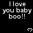 Black background with white pixelated text "I love you baby boo!!" repeated across multiple and , interspersed with small heart symbols