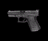 A silver pistol with a textured grip appears in multiple states: idle, firing with a muzzle flash, and ejecting brass casings against a black background.