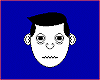 Pixelated cartoon face with changing mouth expressions and beard styles on solid blue background.