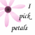 Animated pink flower with dark purple center, petals changing text from 'I pick petals' to 'hoping it will end', then heart symbols and partial phrases.