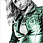 Pixelated static image of a figure with dark hair and green-toned clothing against white background.
