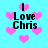 Pixelated cyan background with pink hearts and black text reading "I Love Chris" in four quadrants.