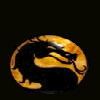 A circular yellow and black dragon emblem with a stylized design, surrounded by pixelated character portraits in a