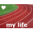 A 48x48 pixel animated contact sheet showing two frames of a running track icon with green grass, red lanes, and white text "my life" at the bottom.