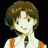 Pixelated anime-style character with brown hair and orange-and-white outfit next to stylized text on black background.