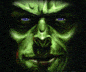 Green-skinned face with blue eyes and a slight smile, showing two of animation