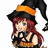Pixelated character with long red hair wearing a black witch hat with orange band and black sleeveless top, hands clasped near chest.