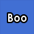 Pixelated text 'Boo' in white with black outlines on a solid blue background, rendered in a retro digital style.