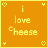 A 6-frame animated contact sheet of a pixel art buddy icon with orange background, yellow text "i love cheese", and small heart symbols at corners.