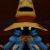 Pixelated character with wide-brimmed hat, blue robe, and yellow eyes against dark background.