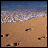 Animated contact sheet of a beach-themed icon showing sequential text changes about footprints and emotional meaning, with one frame displaying a real photo of sand and waves.