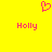 Yellow background with pink pixelated heart symbol above two instances of the word 'Holly' in matching pink text.