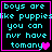 Four identical display cyan text on black background with pink borders; each contains the phrase "boys are like puppies you can nvr have tomany" with a pink heart symbol